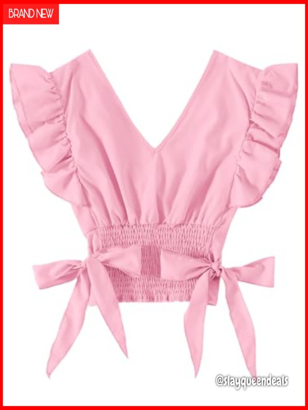 V Neck Ruffle Cap Sleeve Side Bow Shirred Hem Summer Crop Tank Top - Picture 3 of 5